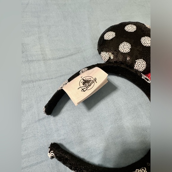 Disney Parks Sequin Minnie Mouse Ears Headband Black White Polka Dot Red Bow - Picture 2 of 3